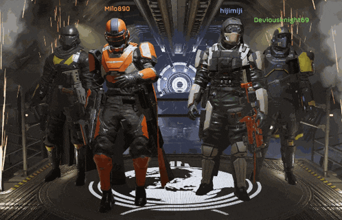 a group of soldiers are standing next to each other and one of them has the name deviousknight69