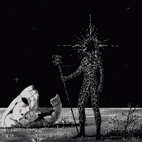 a black and white pixel art of a man holding a cane