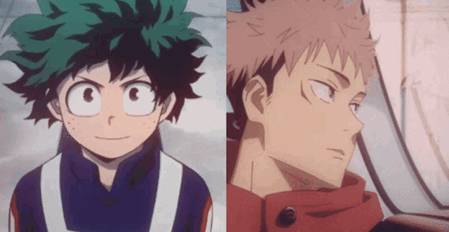 a boy with green hair and a boy with red hair are standing next to each other