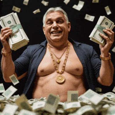 a shirtless man holding a stack of dollar bills with the number 10 on them