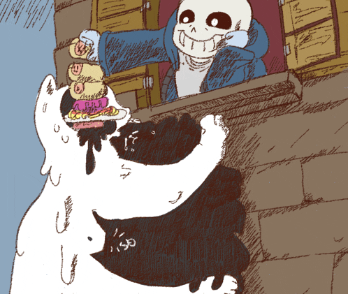 a drawing of a skeleton holding a plate of donuts
