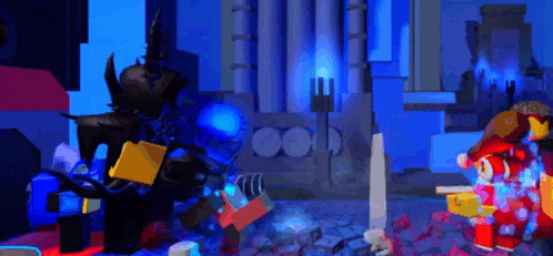 a group of lego characters are standing next to each other in a dark room with a castle in the background .