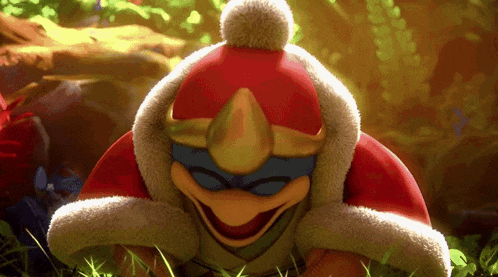 a cartoon character wearing a red hat and goggles is sitting in the grass