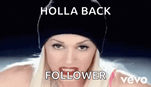 a woman wearing a black beanie is making a funny face with the words holla back follower written on the bottom .