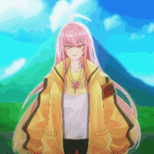 a pixel art drawing of a girl with long pink hair wearing a yellow jacket