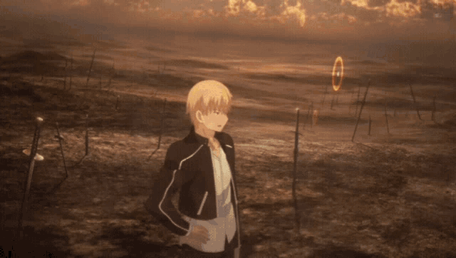 a man in a black jacket is standing in a field with a sword in the background