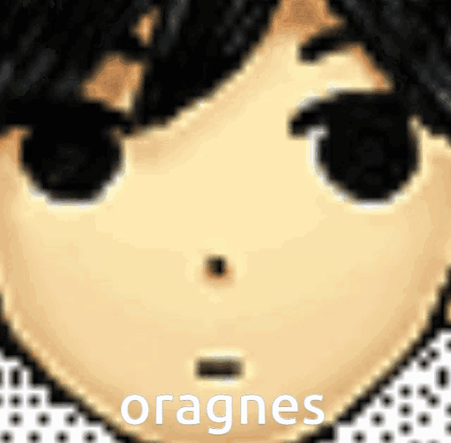 a close up of a person 's face with the word oragne written on it