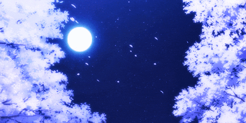 a full moon shines brightly in the night sky above trees