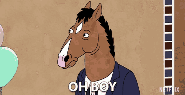 a cartoon of a horse in a suit with the words oh boy below it
