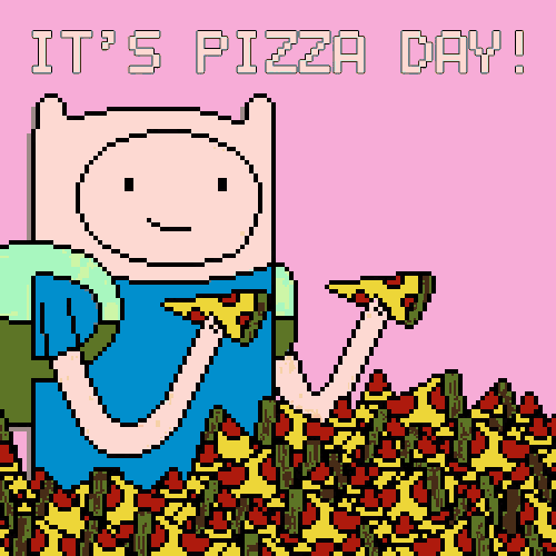 a pixel art of finn holding a slice of pizza with the words " it 's pizza day " above him