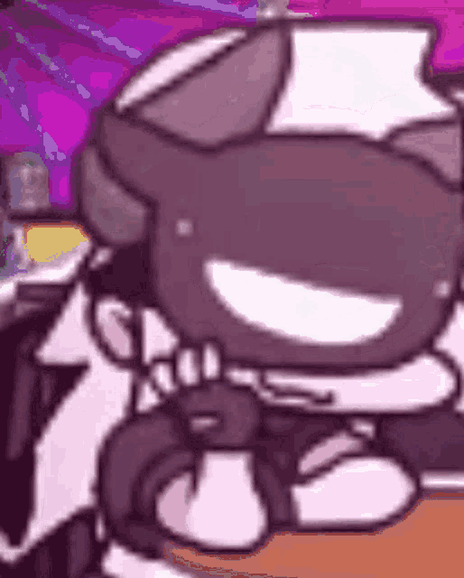 a close up of a cartoon character wearing headphones and a gun .