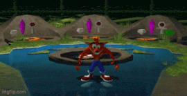 crash bandicoot is standing on a rock in a video game scene