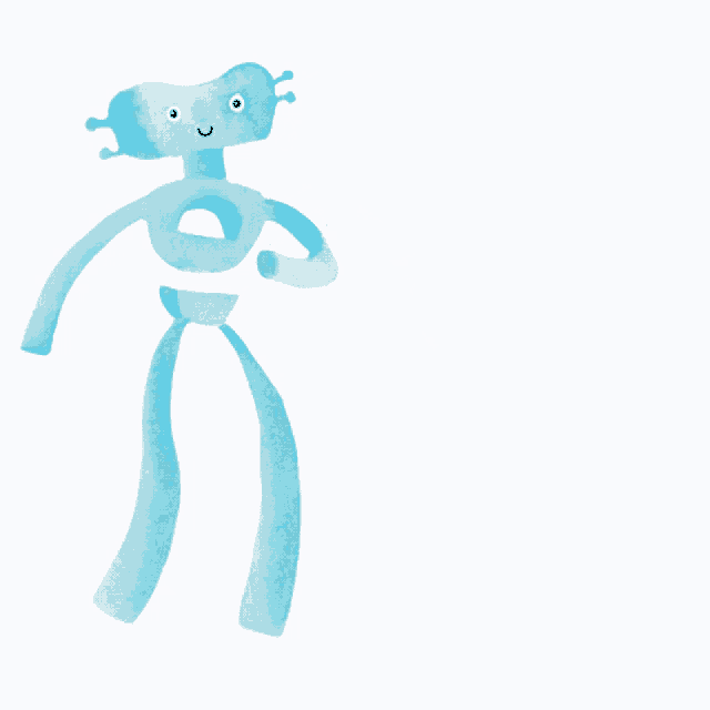 a cartoon drawing of a blue robot with a smile on his face