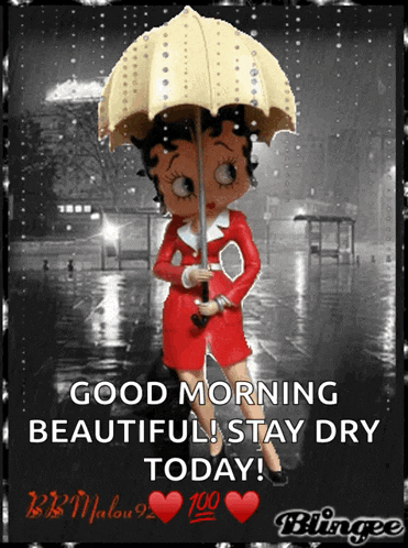a picture of betty boop holding an umbrella with the words good morning beautiful stay dry today