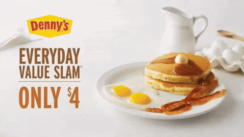 a denny 's advertisement shows a plate of pancakes and eggs
