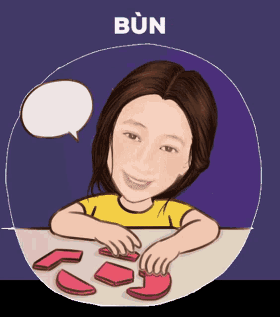 a cartoon of a woman with a speech bubble and the word bun behind her