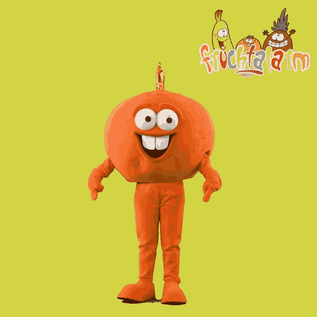 an orange mascot is standing in front of a yellow background that says fruchtaland