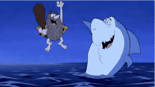 a cartoon of a man with a beard standing next to a shark in the ocean