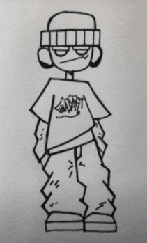 a black and white drawing of a person wearing a t-shirt that says garage on it