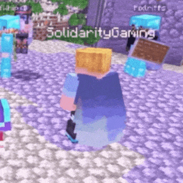 a group of minecraft characters are standing on a purple tile floor .