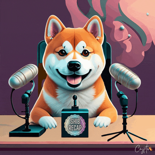 a shiba inu dog sitting at a table with microphones and a shiba recap sign