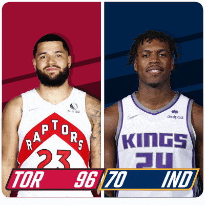 two basketball players from the raptors and the kings are standing next to each other