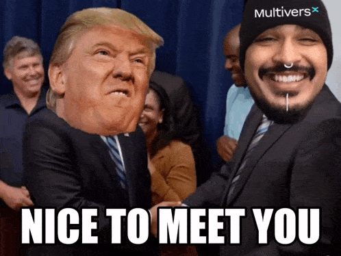 a picture of donald trump and a man wearing a multivers hat