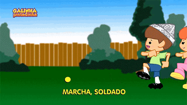 a cartoon of a boy and a girl with the words marcha soldado on the bottom right