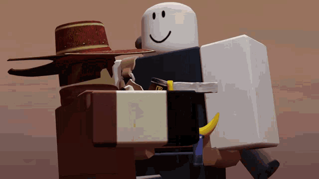 a white roblox character with a smiley face is holding a box