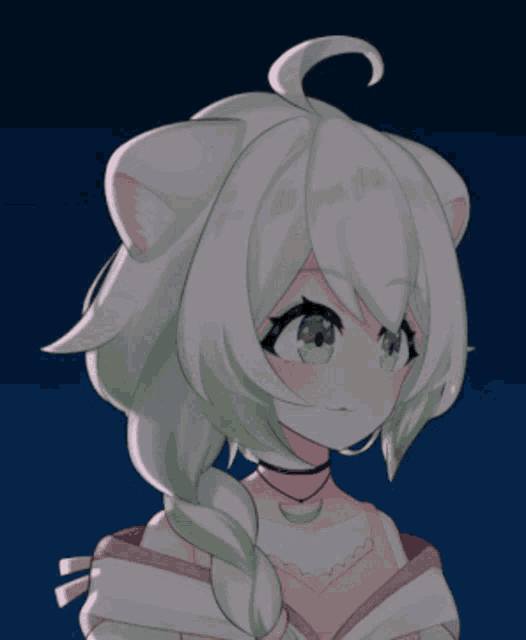 a girl with white hair and green eyes is wearing a choker around her neck