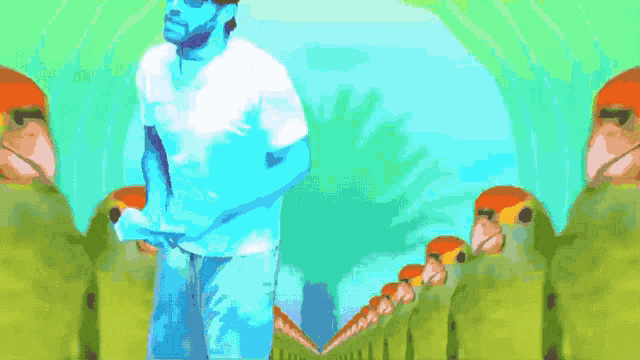 a man in a white shirt stands in front of a row of green birds