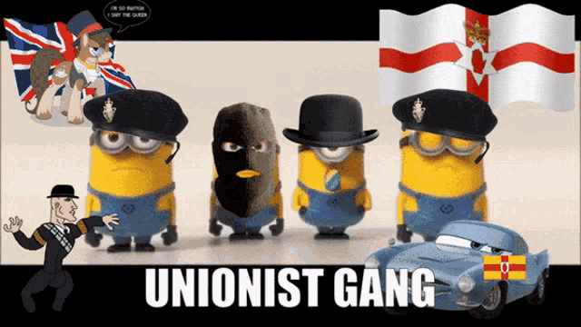 a group of minions standing next to each other with the words unionist gang written below them