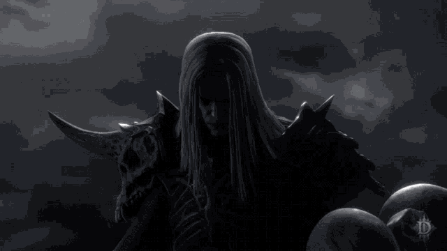 a black and white image of a skeleton with horns