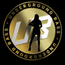 a silhouette of a woman in a gold circle that says underground bass