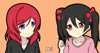 two anime girls are standing next to each other and the words us are on the bottom