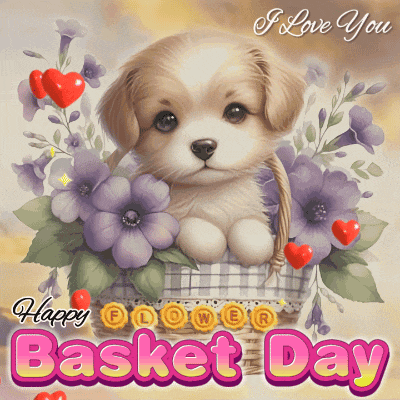 a puppy is sitting in a basket of purple flowers with the words happy basket day below it