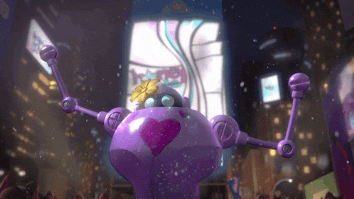 a purple robot with a pink heart on its chest is standing in front of a sign that says ' love '