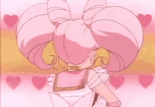 a girl with pink hair is surrounded by hearts