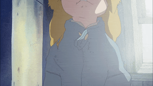 a cartoon drawing of a girl with blonde hair wearing a blue hoodie