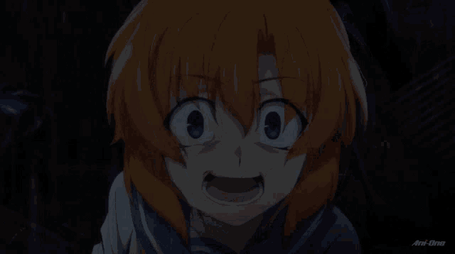 a girl with orange hair and blue eyes is making a funny face in a cartoon