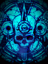 a picture of a skull with headphones on a blue background