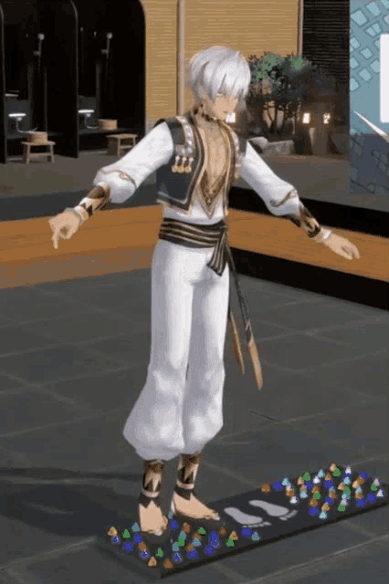 a cartoon character is standing on a black board with colored stones