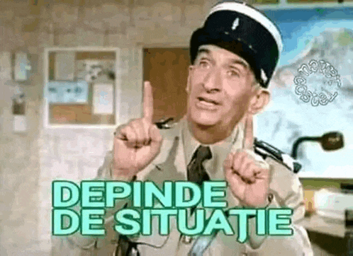 a man in a police uniform is pointing up with the words depinde de situatie written below him .