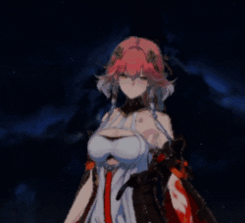a girl with pink hair is standing in a dark room .
