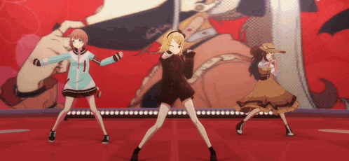 three anime girls are dancing on a stage with a red background