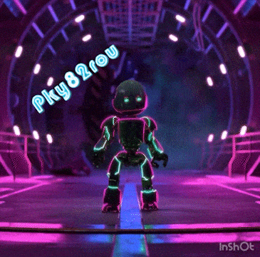 a robot is standing in front of a sign that says pky8zfou