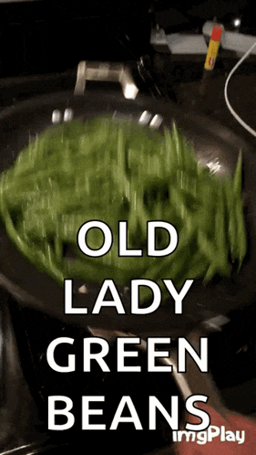 green beans are being cooked in a pan with the words old lady green beans below them