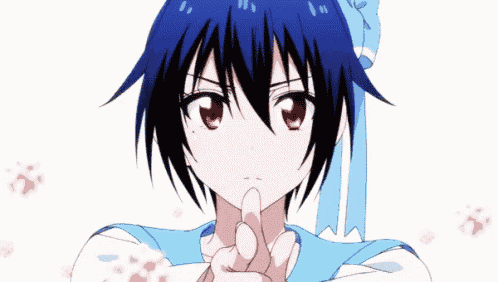 a girl with blue hair and red eyes is smiling