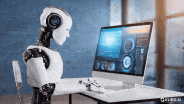 a robot sits at a desk in front of a computer with kling ai written on the bottom right
