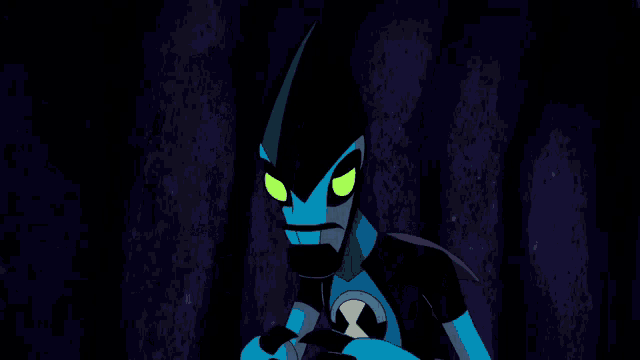 a cartoon character with glowing green eyes is standing in the dark